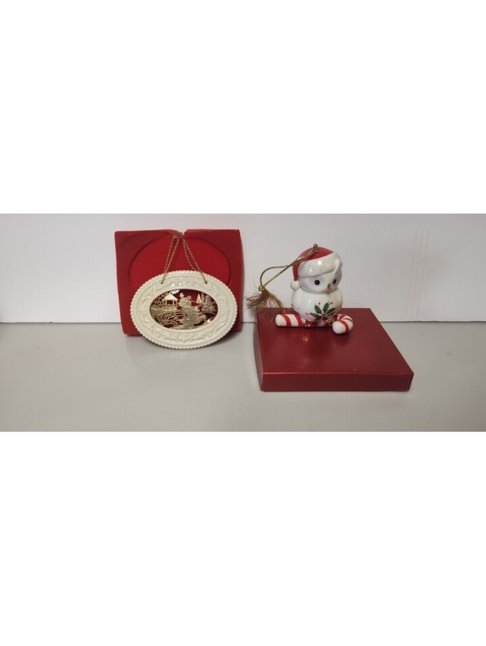Lenox Christmas Ornament Lot Owl + Gold Skaters Porcelain w/ Boxes
